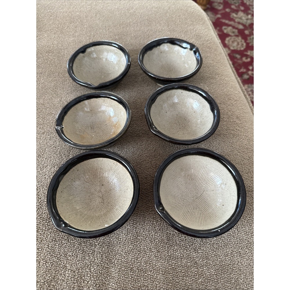 6 Asian Japanese Chinese Sushi Dipping Spout Stoneware Bowls 3.5" (TD)
